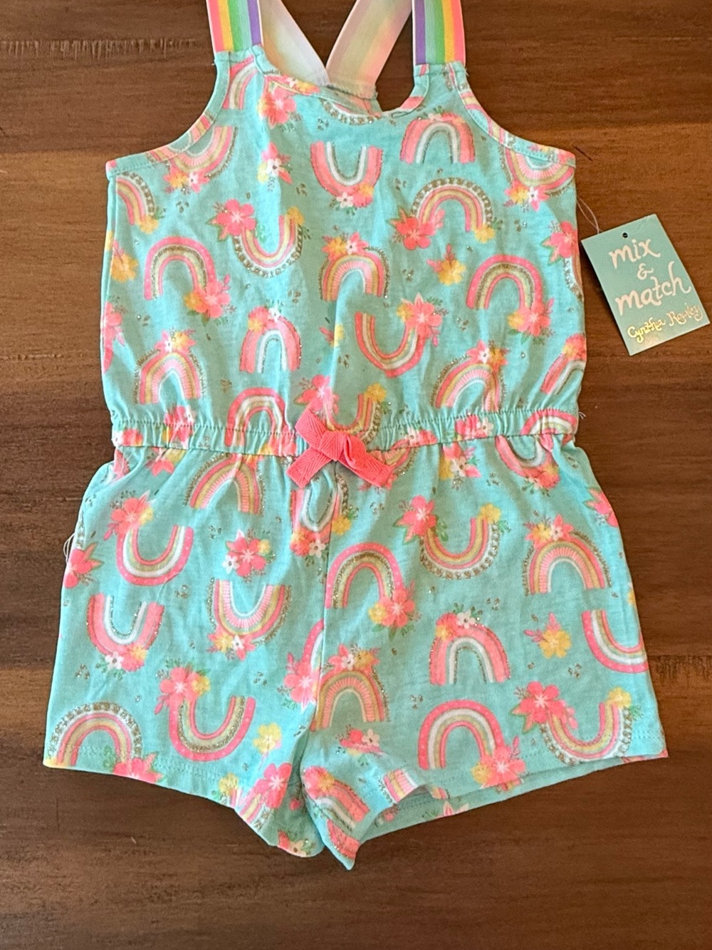 Cynthia Rowley Mint Rainbow Floral Romper with Pink Accents size 4